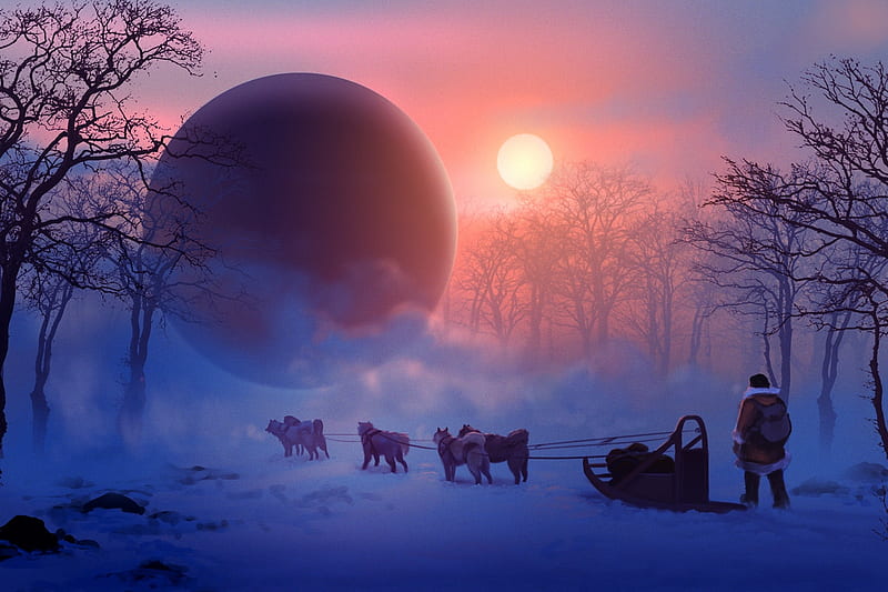 Snow Sphere, luminos, orange, caine, daniel conway, man, sunset, winter, iarna, fantasy, planet, pink, dog, blue, HD wallpaper