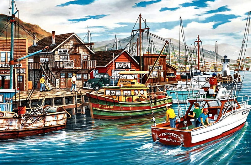 Fishing Harbor F1, art, fish, illustration, artwork, painting, wide screen, seascape, scenery, harbor, fishing, HD wallpaper