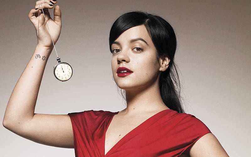Lily Allen British singer, red dress, make-up, beautiful woman, portrait, woman with clock, Lily Rose Beatrice Cooper, HD wallpaper
