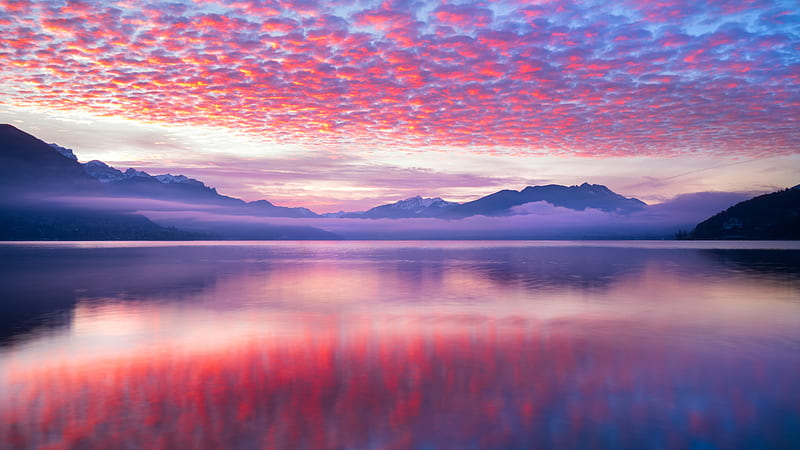 lake, sunset, pretty sky, scenic, mountains, reflection, Landscape, HD wallpaper