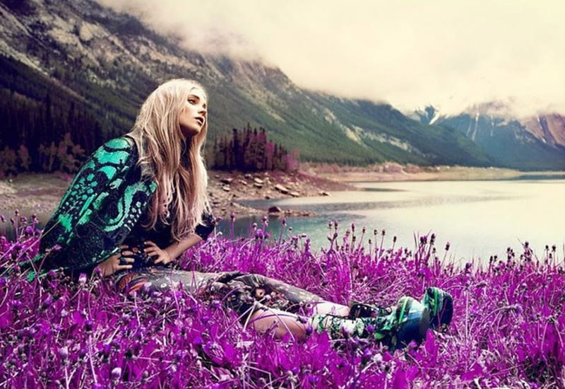 I let myself be lulled by the scent of nature around me, purple field, girl, model, mountains, fashion, lake, beautiful scenary, HD wallpaper