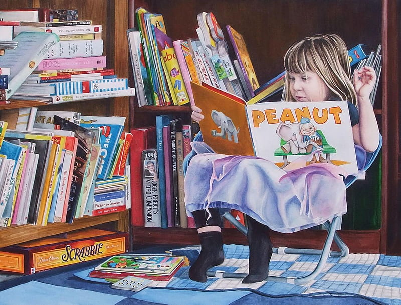Mabel, reading, girl, books, library, peanuts, chair, HD wallpaper