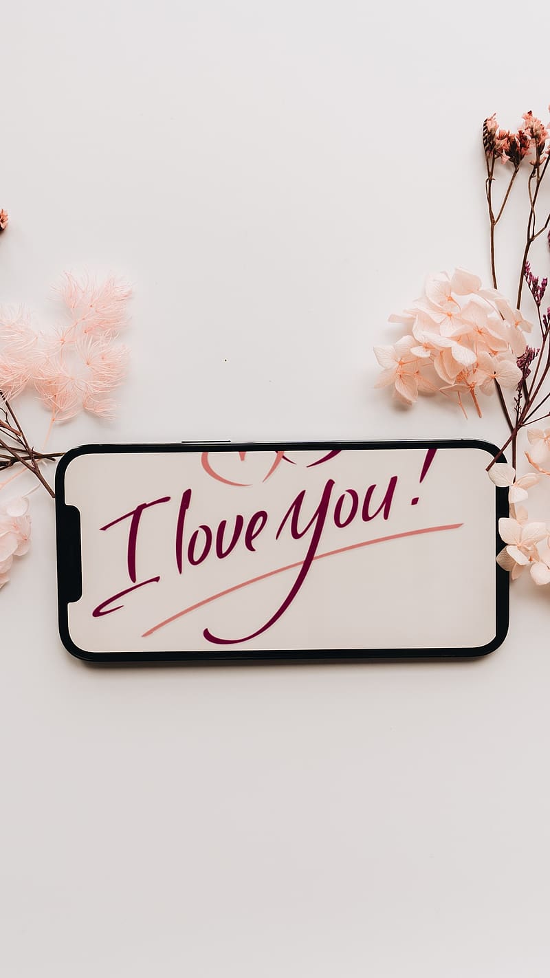 I Love U Written In Mobile With Flowers, i love u, written, mobile, flowers, HD phone wallpaper