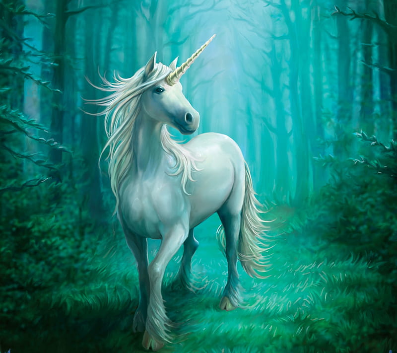 Unicorn, forest, fantasy, luminos, green, white, horse, blue, HD wallpaper
