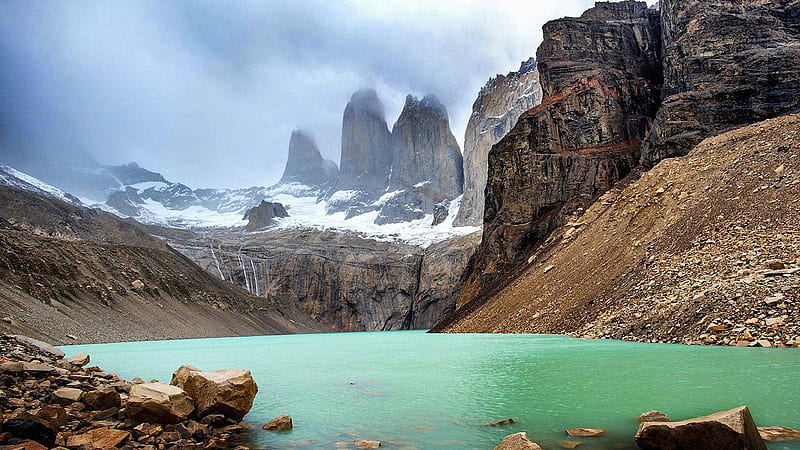 Torres del Paine, Patagonia, Chile, rocks, snow, peaky, lake, sky, HD wallpaper