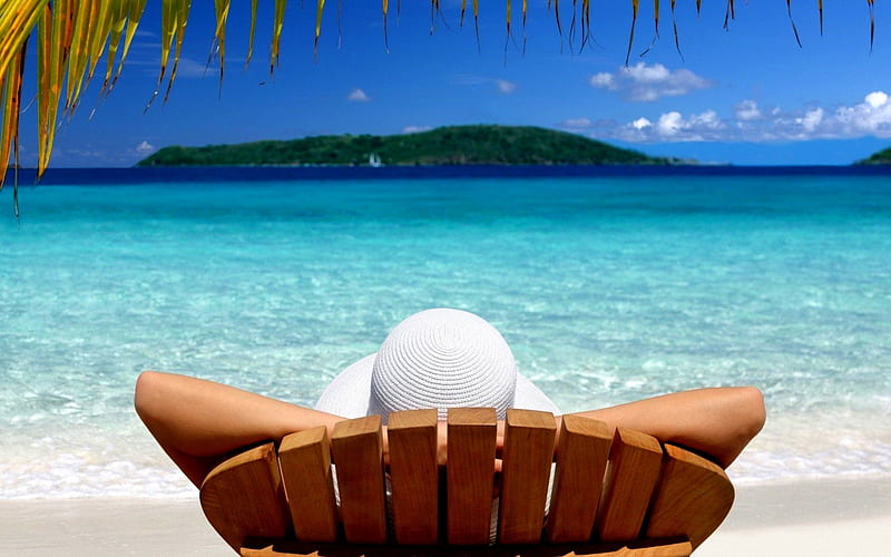 SUN BATHING BEAUTY, recreation, ocean, summer, spa, sun loungers, island, deveshki, hat, HD wallpaper