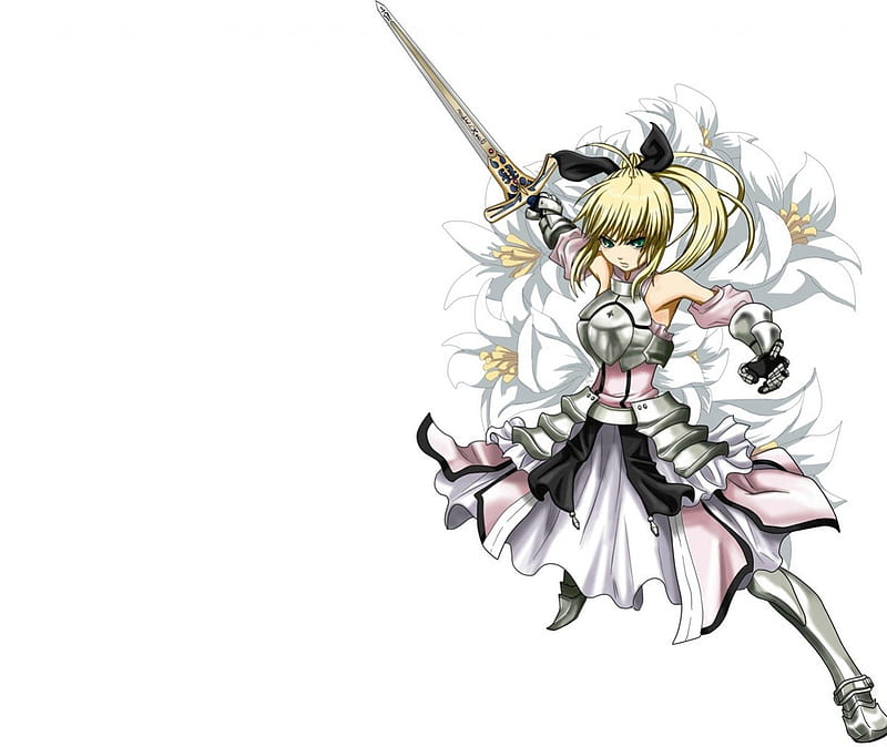 Saber Lily, saber, blond, angry, floral, blossom, fate stay night, blade, anime, hot, anime girl, weapon, long hair, sword, female, ribbon, blonde, mad, blonde hair, sexy, blond hair, armor, cute, warrior, girl, flower, lily, sinister, knight, HD wallpaper