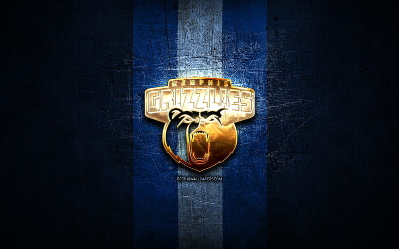Memphis Grizzlies, golden logo, NBA, blue metal background, american basketball club, Memphis Grizzlies logo, basketball, USA, HD wallpaper