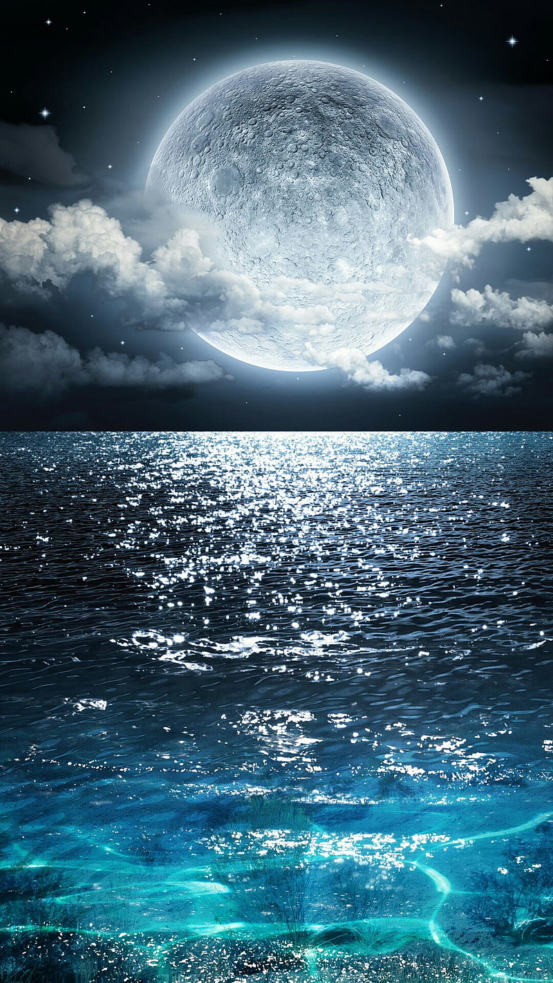 Sea Moon, bonito, blue, cloud, moon, moonlight, moonshine, nature, ocean, sea, water, HD phone wallpaper