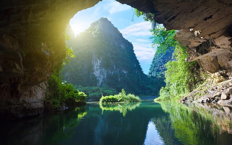 River in Vietnam, Mountains, sun, water, plants, sunshine, cave, HD wallpaper
