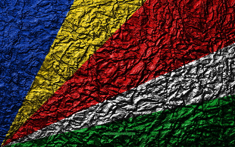 Flag of Seychelles stone texture, waves texture, Seychelles flag, national symbol, Seychelles, Africa, stone background, HD wallpaper