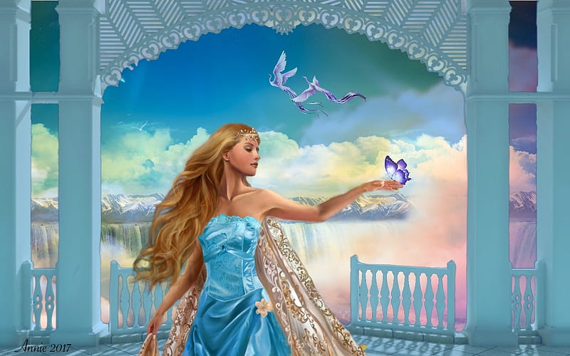 Queen of Her Castle, dreamy, queen, Fantasy girl, pastels, Fantasy, softness, Castle, butterfly, Magical, beauty, HD wallpaper
