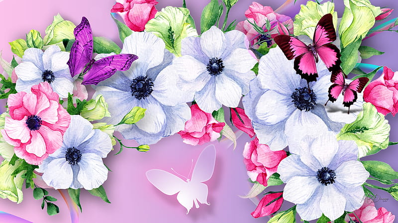 Flowers & Butterflies, butterflies, spring, pink, blooms, watercolor, Firefox theme, lavender, blossoms, flowers, summer, HD wallpaper