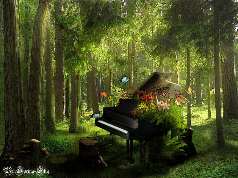 SYMPHONY OF THE SILENT NATURE, BUTTERFLIES, PIANO, NATURE, SYMPHONY, FLOWERS, FOREST, HD wallpaper