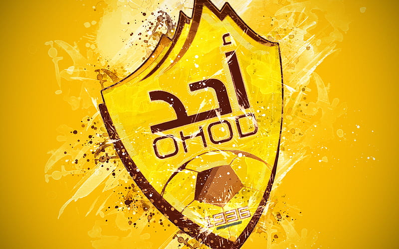 Ohod Club paint art, logo, creative, Saudi Arabian football team, Saudi Professional League, emblem, yellow background, grunge style, Medina, Saudi Arabia, football, Ohod FC, HD wallpaper
