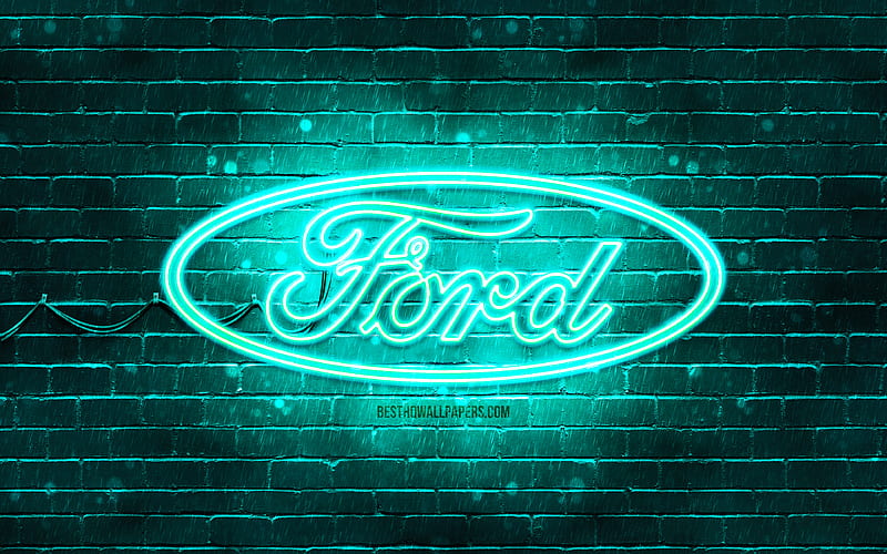 Ford turquoise logo turquoise brickwall, Ford logo, cars brands, Ford neon logo, Ford, HD wallpaper