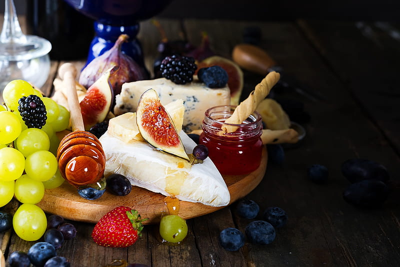 Food, Still Life, Blackberry, Blueberry, Cheese, Fig, Fruit, Grapes, Honey, Strawberry, HD wallpaper