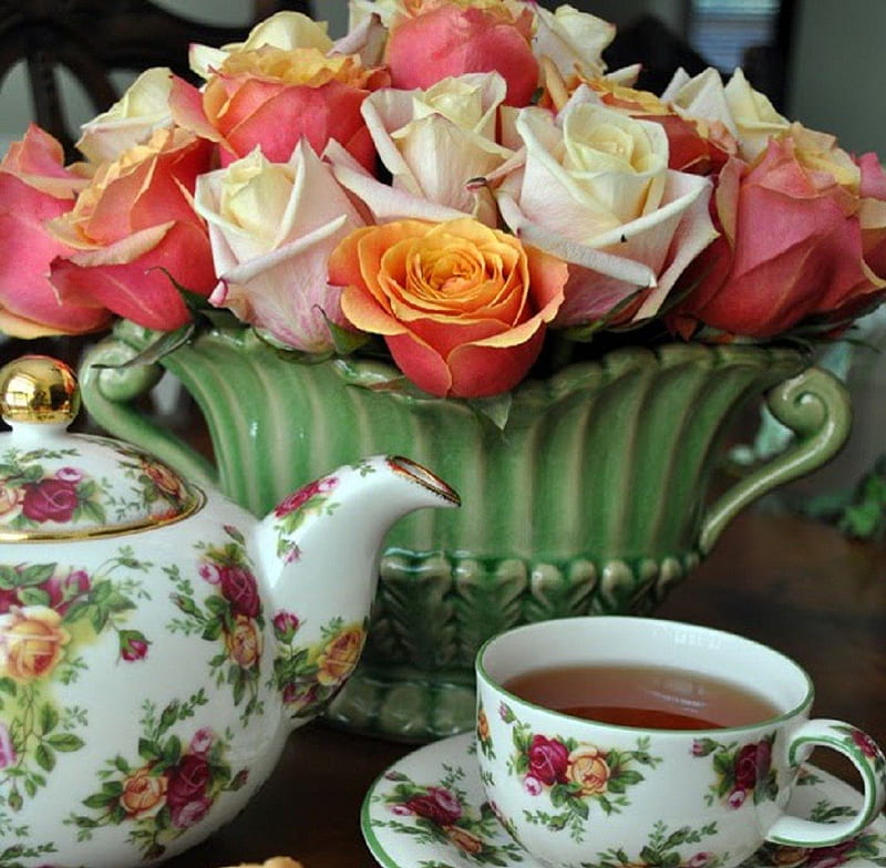 Tea and Roses , teapot, still life, flowers, roses, tea, teacup, HD wallpaper