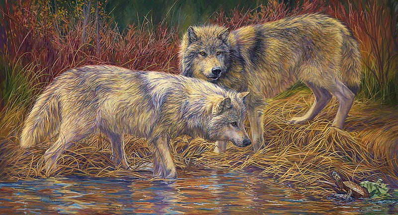 On the Prowl, painting, predators, wolves, artwork, HD wallpaper