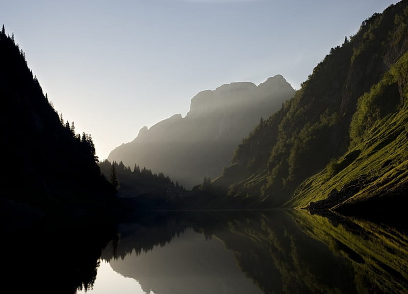 LAGO TRANQUILO, verde, nature, lago, montanha, HD wallpaper