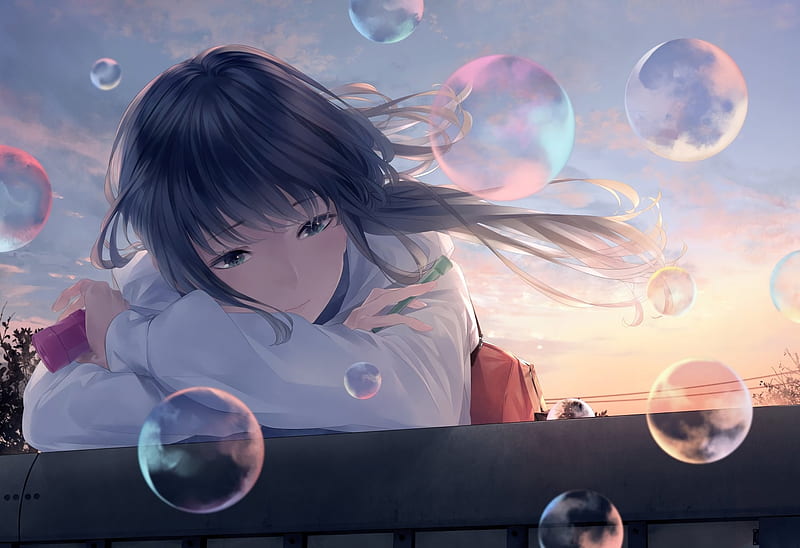 Anime, blue, art, girl, bubbles, manga, HD wallpaper