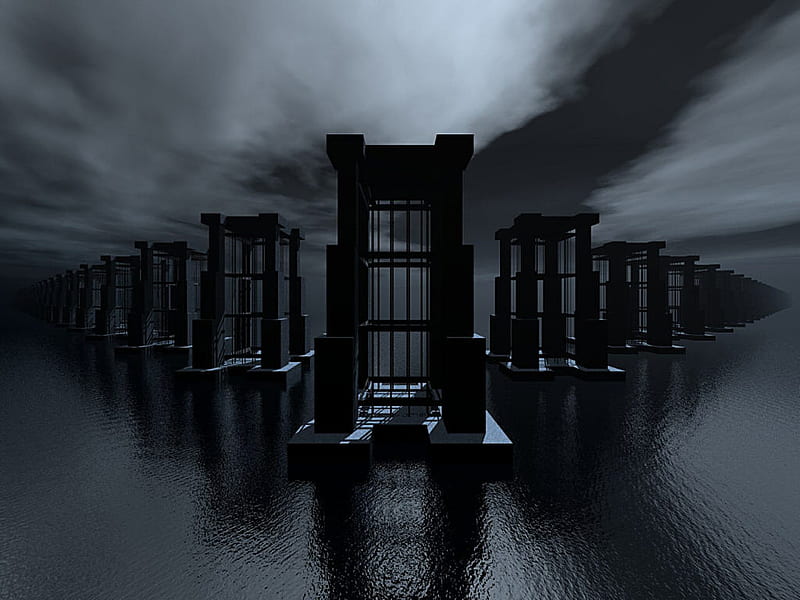 3D landscape, columns, black, sky, darktones, 3d, water, towers, landscape, blue, HD wallpaper