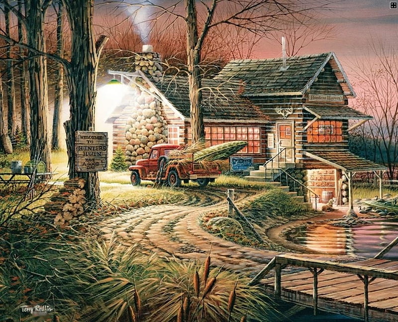 Hunters Haven, house, car, painting, path, trees, lake, artwork, light, HD wallpaper