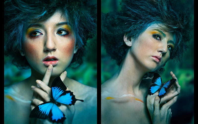  Primavera, mariposa, verde, niña, modelo, collage, maquillaje, mujer, azul, Fondo de pantalla HD