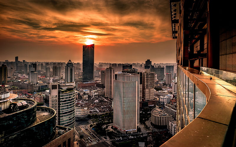 Shanghai, Huangpu, sunset, modern buildings, China, Asia, HD wallpaper