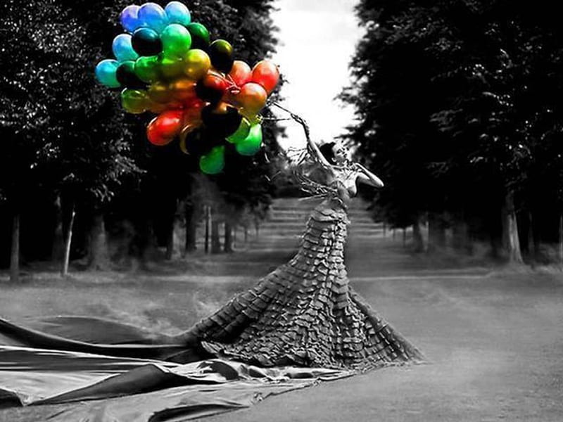 The healthy selfishness, black and colors, balloons colorful, contrast, park, lady, HD wallpaper