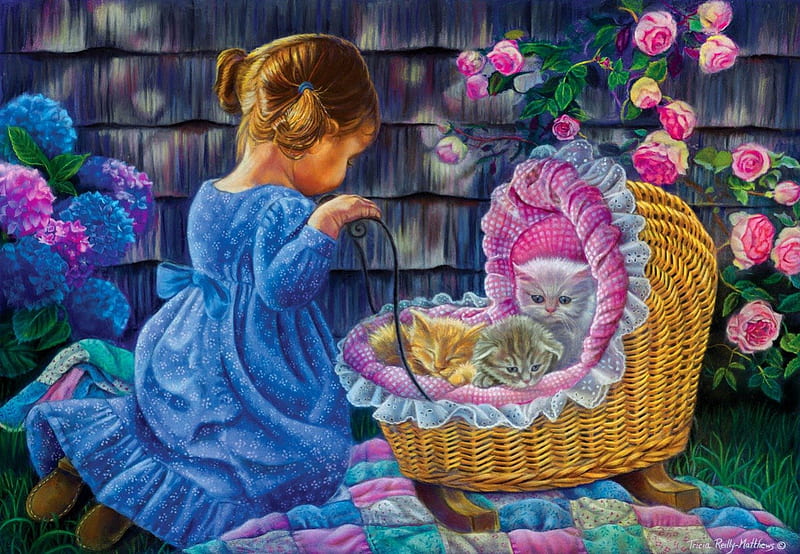 Tender moments, pretty, colorful, dress, fluffy, bonito, adorable, play, sweet, kid, nice, moment, bush, love, painting, flowers, child, tender, pink, blue, lovely, moments, kitty, roses, cat, freshness, cute, girl, care, kitten, HD wallpaper