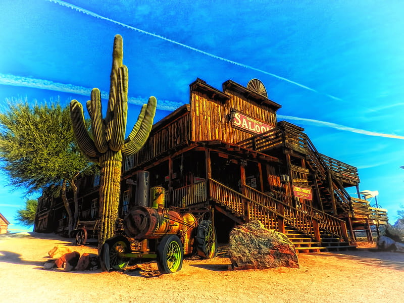 Mammoth Saloon, Arizona, tree, house, desert, steam machine, cactus, HD wallpaper