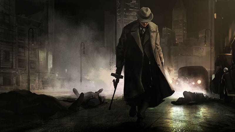 Gangster With Gun In Building Background Wearing Overcoat And Hat Gangster, HD wallpaper