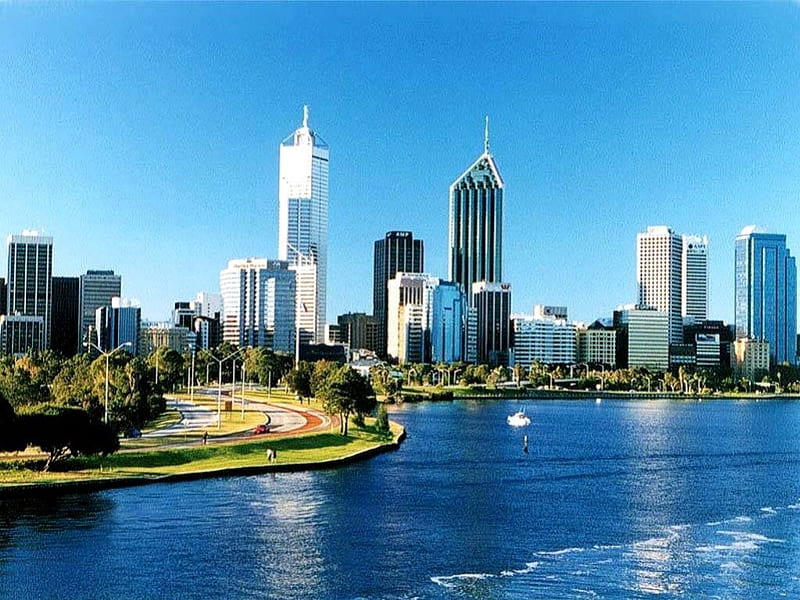 Perth City, Australia, city, harbour, buildings, australia, trees, HD wallpaper