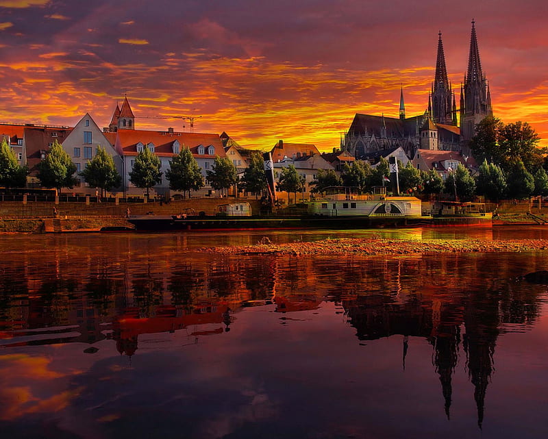 Regensburg, castle, clouds, evening, germany, lake, reflection, sunset, town, HD wallpaper