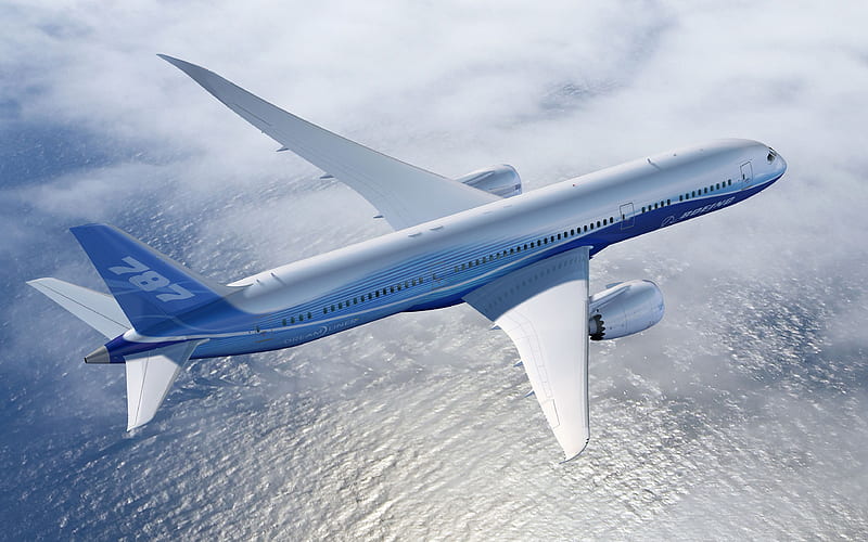 Boeing 787 Dreamliner jet passenger plane, top view, air travel concepts, Boeing, HD wallpaper