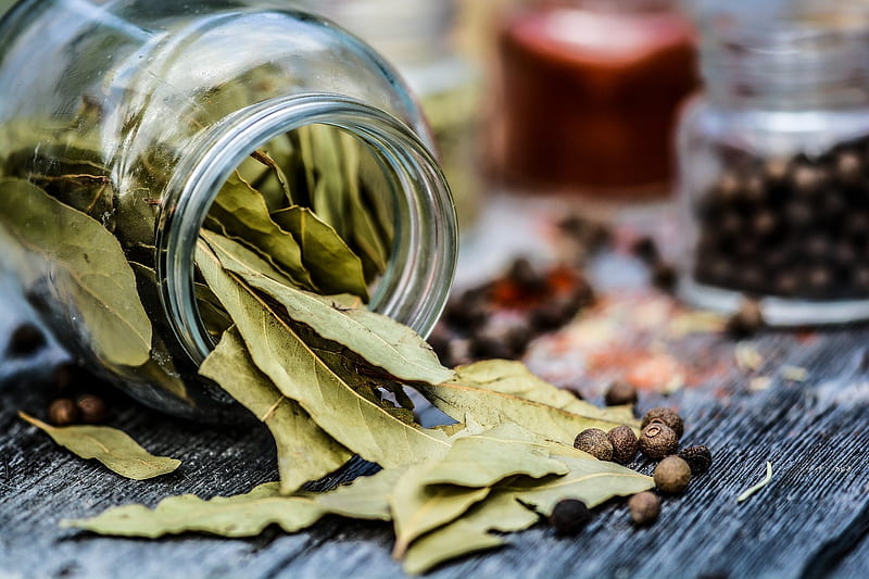 Spices, Bay leaves, Dry, Glass, Food, HD wallpaper