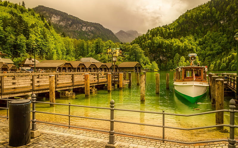 Koenigssee, mountains, lake, boats, Bavaria, Germany, HD wallpaper