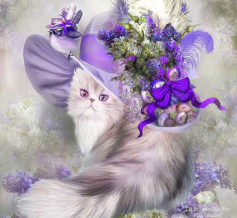 ✫Cat in Easter Lilac Hat✫, pretty, easter, adorable, ribbons, sweet, paintings, love, bright, flowers, beauty, drawings, lovely, kitty, cat, lavender birdie, jewelry, cute, cool, purple, lilac hat, charm, bow, bonito, digital art, pink, fancy, feathers, animals, colors, hat, bouquet, eggs, weird things people wear, kitten, HD wallpaper