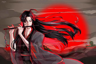 Wallpaper grey background, flute, red eyes, long hair, red ribbon, black  magic, Chinese clothing, Mo Dao Zu Shi for mobile and desktop, section  сёнэн, resolution 1920x1080 - download