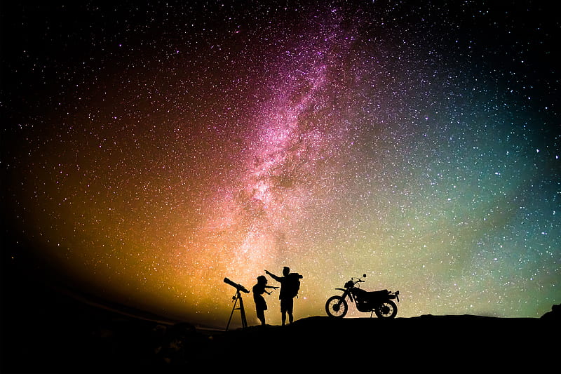 Couple Motorcylist Telescope Aurora Sky, couple, bike, silhouette, aurora, sky, graphy, love, HD wallpaper
