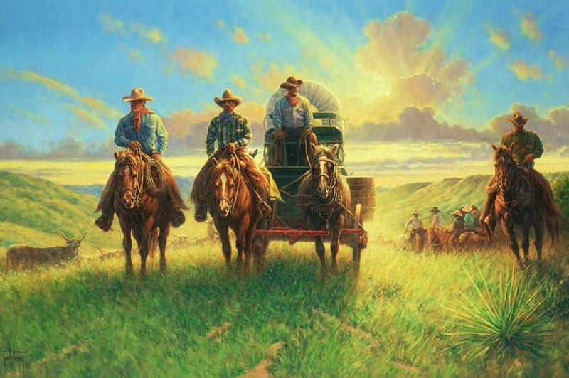 Ranchers, cattle, people, painting, sunset, artwork, horses, landscape, HD wallpaper