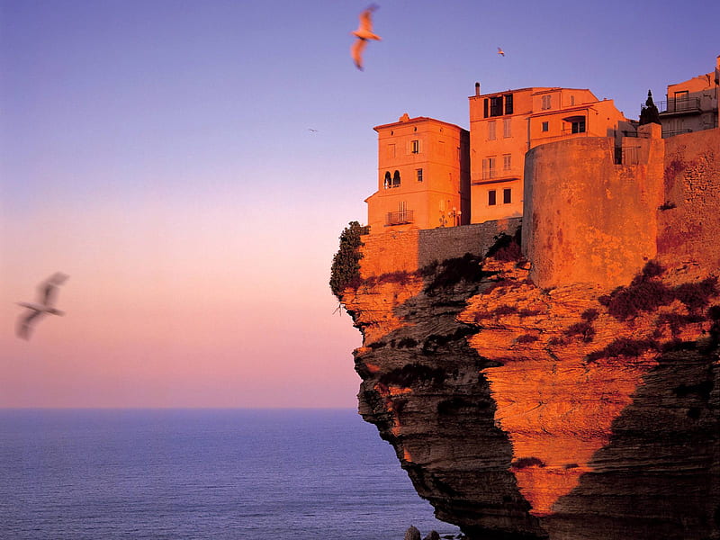 Fortress Corsica, France, roch, fortress, layers, sky, seagulls, sea, HD wallpaper