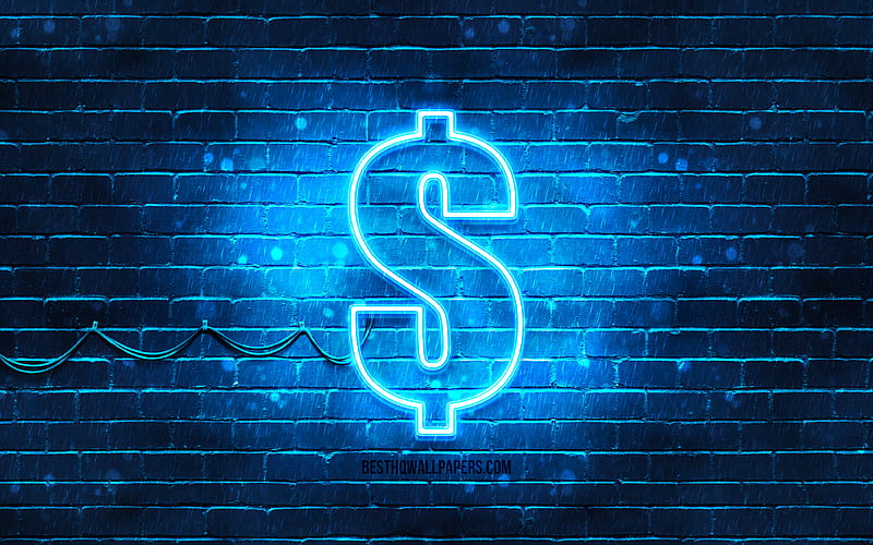 Dollar blue sign blue brickwall, Dollar sign, currency signs, Dollar neon sign, Dollar, HD wallpaper