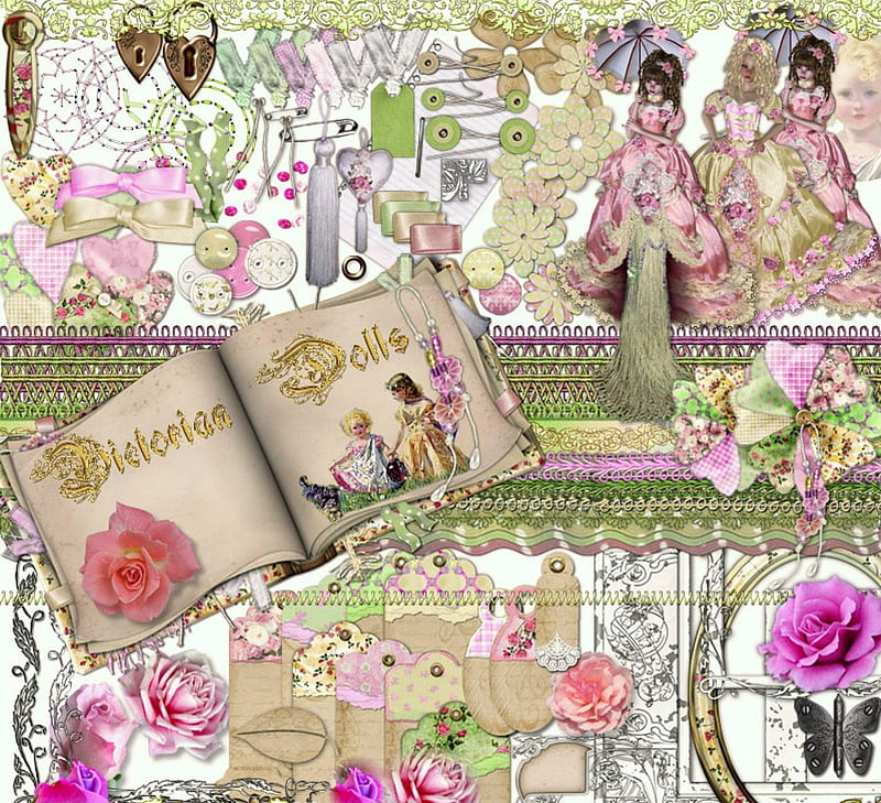 Victorian Dolls and Roses, Dolls, Pink, Paper, Scrapbook, Roses, Victorian, HD wallpaper