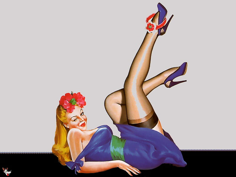 Sassy Pin-up, dress, black, blonde, stockings, girl, purple, garter, flower, old-fashioned, fifties, HD wallpaper