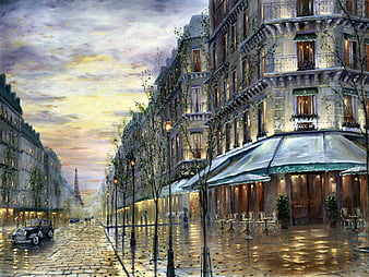 Cafe du Marche, people, Paris, restaurant, painting, rain, artwork ...