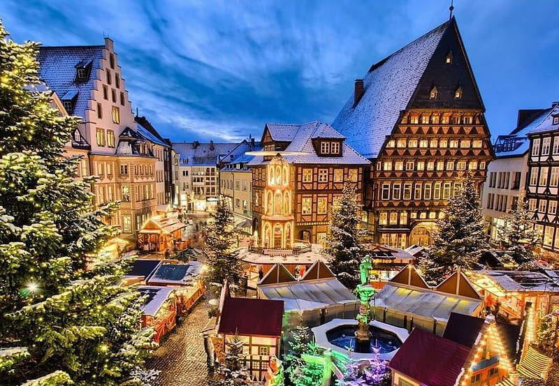 Hildesheim Christmas Market, ornaments, tree, houses, place, street, HD wallpaper