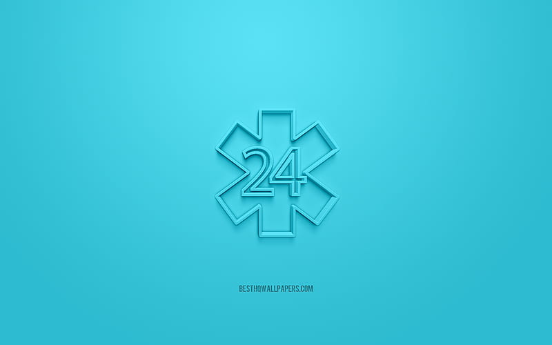 Hospital 3d icon, blue background, 3d symbols, 24 hours Help, creative 3d art, 3d icons, 24 hours Help sign, Medicine 3d icons, HD wallpaper