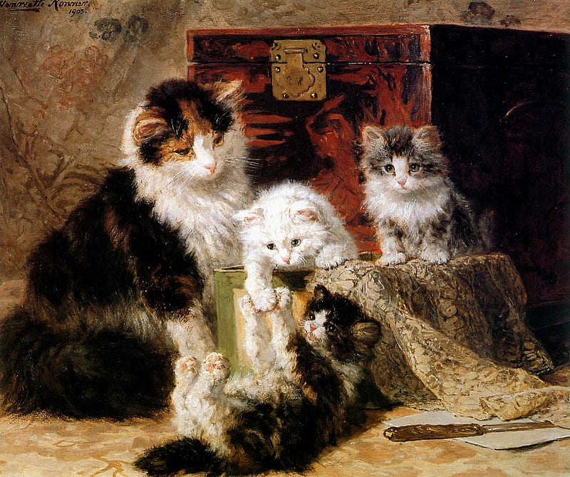 Mother cat with playing kittens, cute, art, henriette ronner knip, painting, cat, kitten, pisica, HD wallpaper